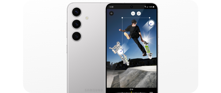 The rear and screen view of a Galaxy smartphone is shown, with an image of a person skateboarding